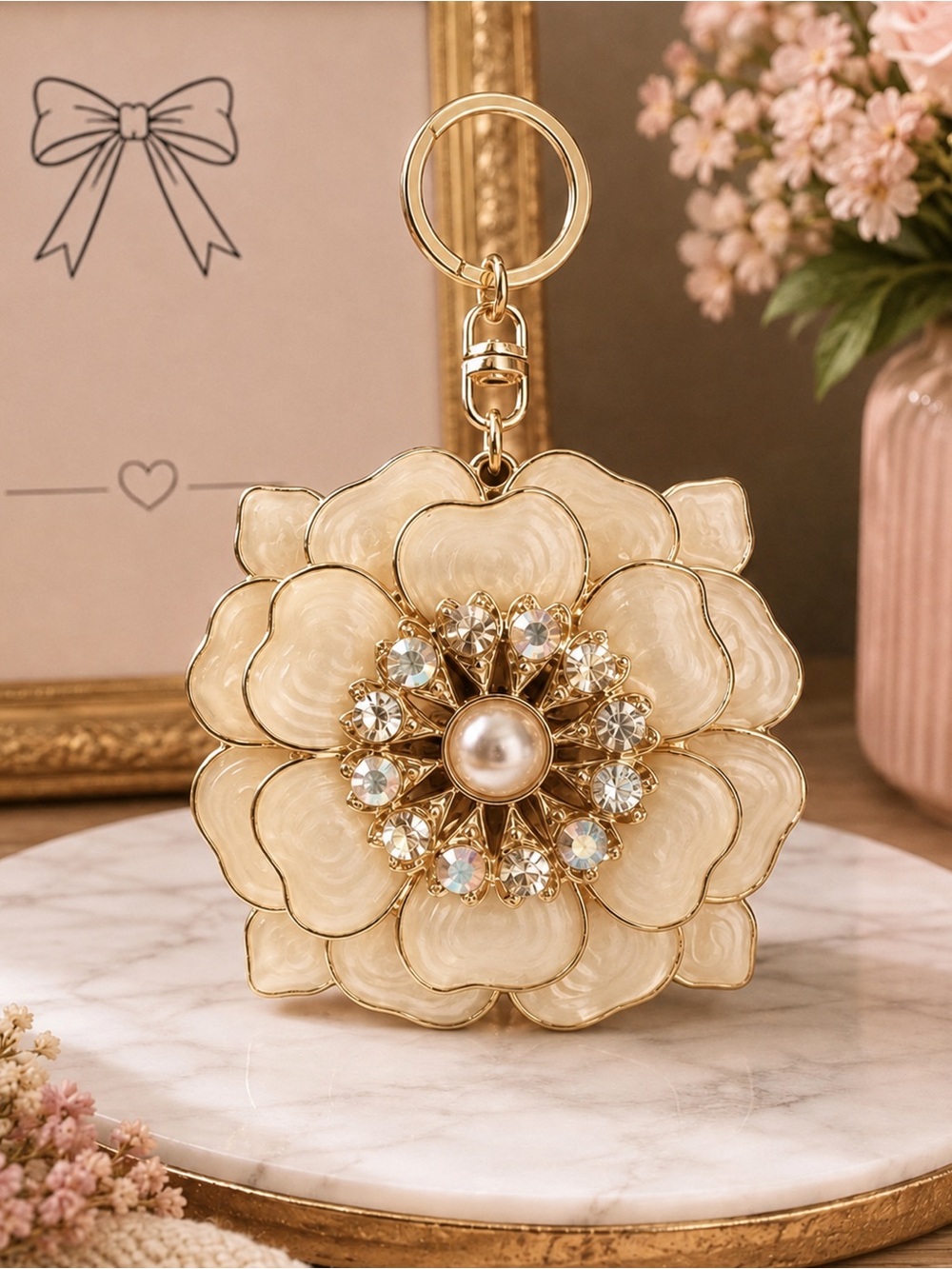 Elegant Pearl Center Floral Keychain Bag Charm - Cream